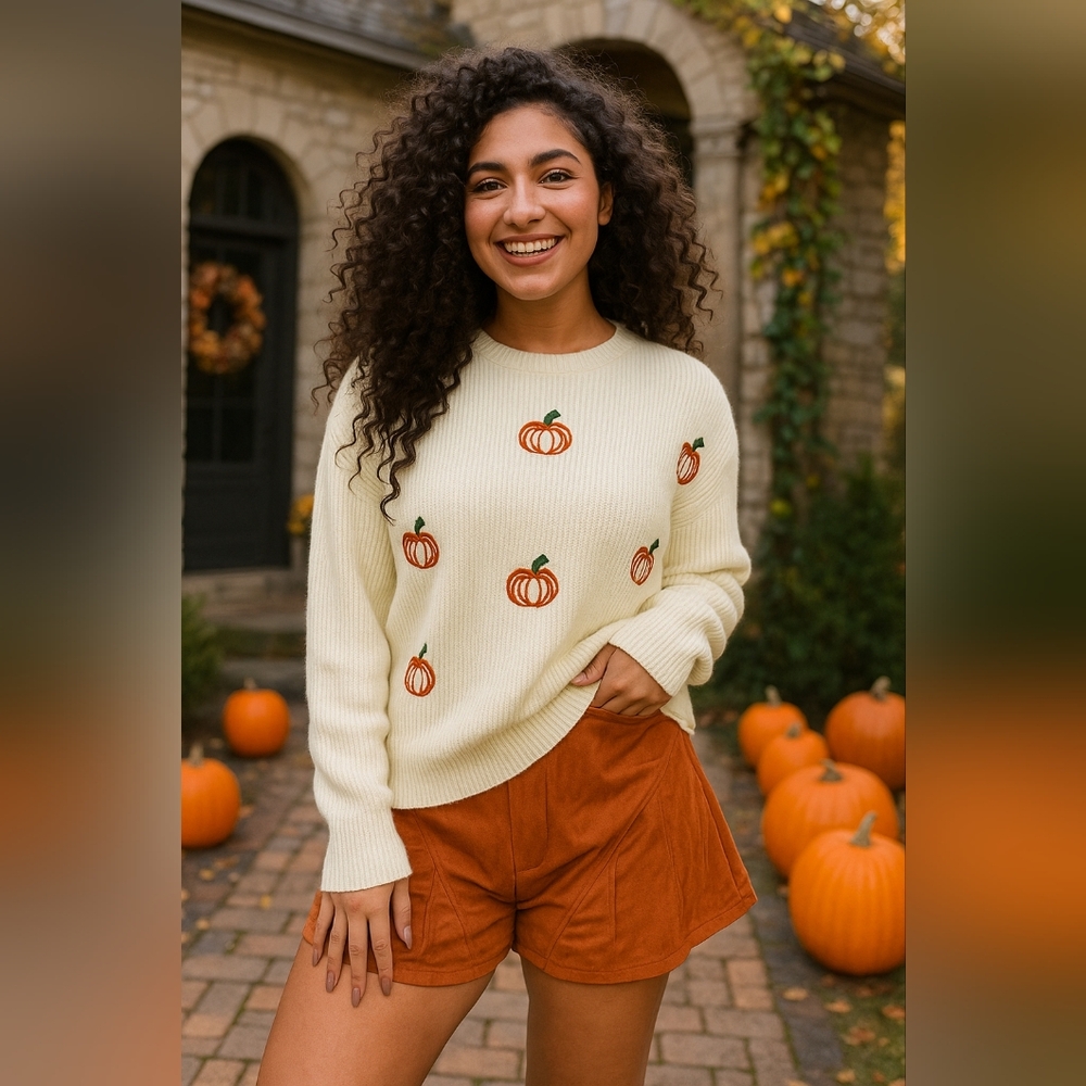 Pumpkin Embroidered Top Round Neck Long Sleeve Sweater Halloween Ribbed Shirt